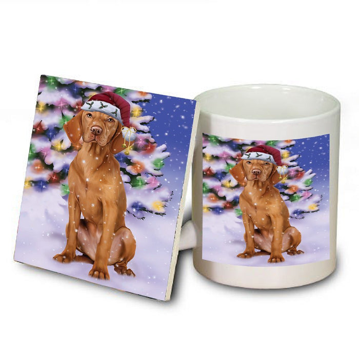 Winterland Wonderland Vizsla Dog In Christmas Holiday Scenic Background Mug and Coaster Set
