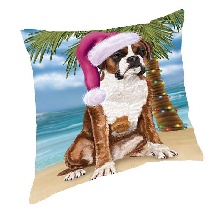 Summertime Happy Holidays Christmas Boxers Dog on Tropical Island Beach Throw Pillow