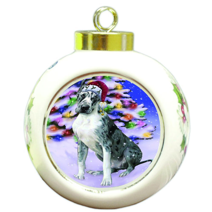 Winterland Wonderland Great Dane Dog In Christmas Holiday Scenic Background Round Ball Ornament D571