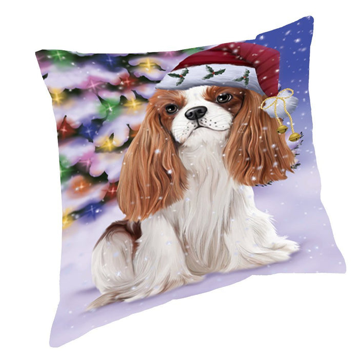 Winterland Wonderland Cavalier King Charles Spaniel Dog In Christmas Holiday Scenic Background Throw Pillow