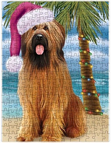 Summertime Happy Holidays Christmas Briards Dog on Tropical Island Beach Puzzle with Photo Tin