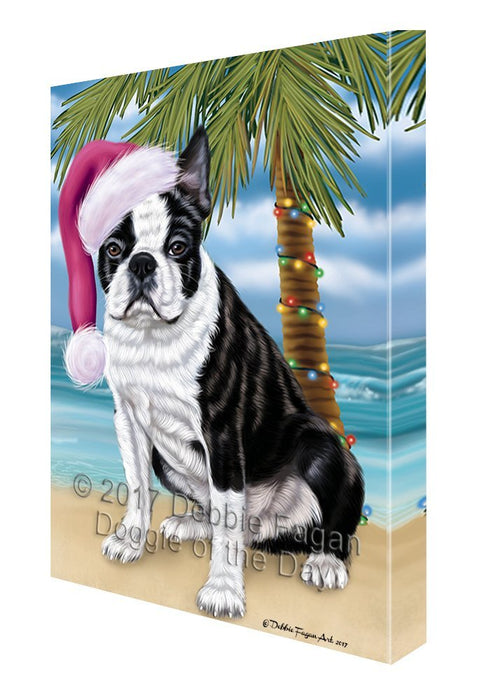 Summertime Happy Holidays Christmas Boston Terriers Dog on Tropical Island Beach Canvas Wall Art