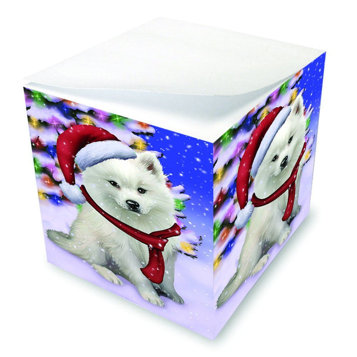 Winterland Wonderland American Eskimo Dog In Christmas Holiday Scenic Background Note Cube D610