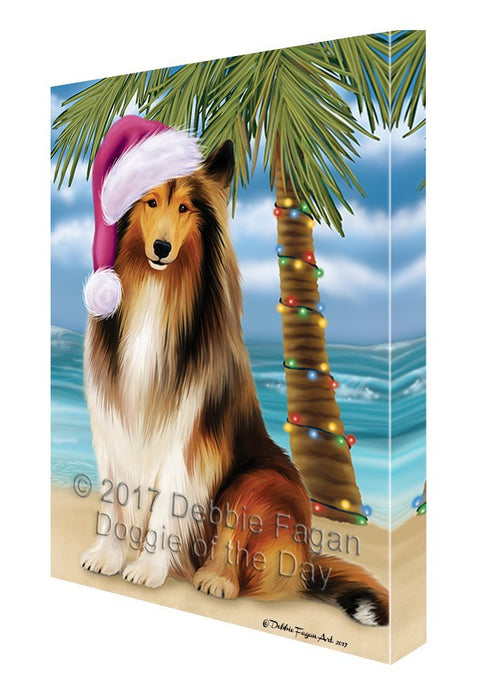 Summertime Happy Holidays Christmas Rough Collie Dog on Tropical Island Beach Canvas Wall Art D117