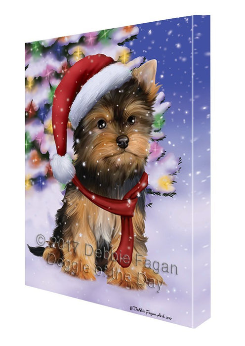 Winterland Wonderland Yorkshire Terriers Dog In Christmas Holiday Scenic Background Canvas Wall Art
