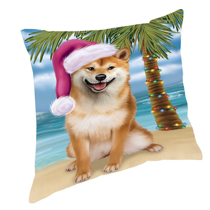 Summertime Happy Holidays Christmas Shiba Inu Dog on Tropical Island Beach Throw Pillow