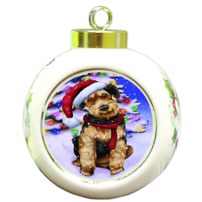 Winterland Wonderland Airedales Dog In Christmas Holiday Scenic Background Round Ball Ornament D536