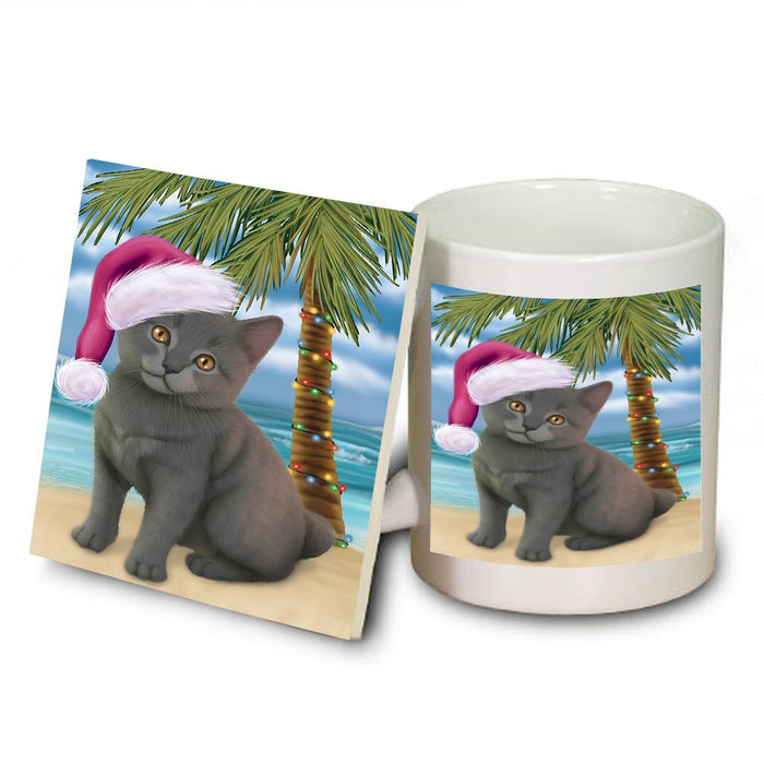Summertime Chartreux Kitten on Beach Christmas Mug and Coaster Set MUC0588