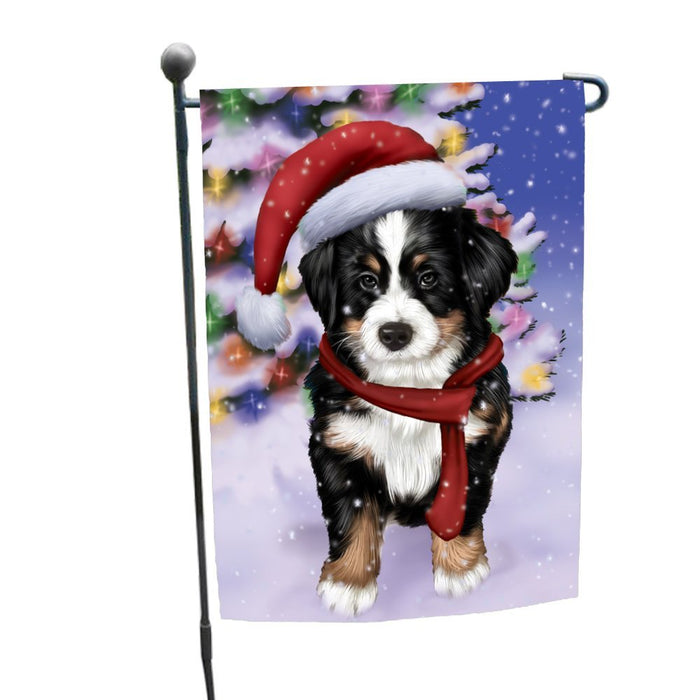 Winterland Wonderland Bernese Mountain Dog In Christmas Holiday Scenic Background Garden Flag