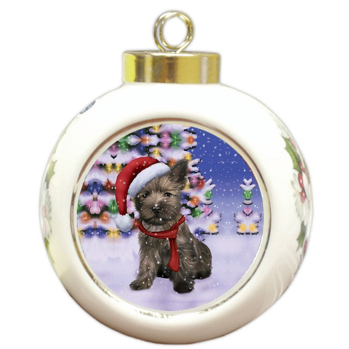 Winterland Wonderland Cairn Terrier Puppy Dog In Christmas Holiday Scenic Background Round Ball Ornament