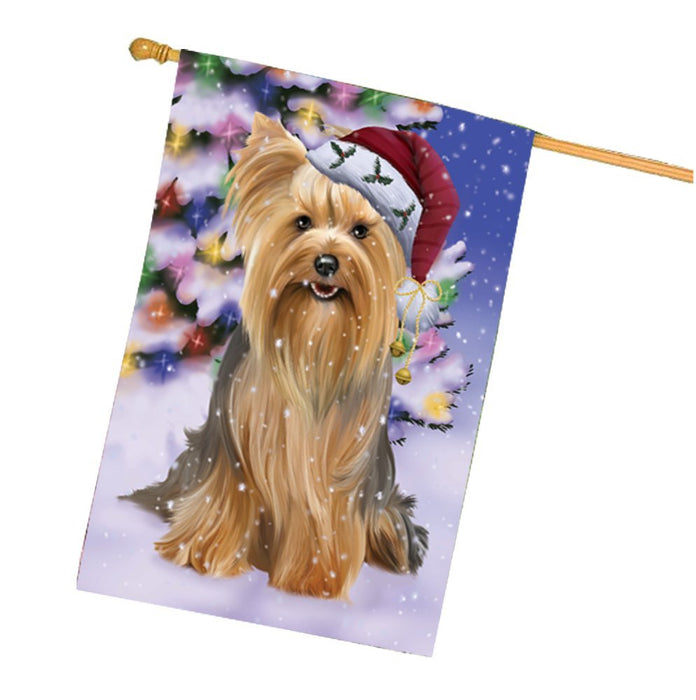 Winterland Wonderland Yorkshire Terriers Dog In Christmas Holiday Scenic Background House Flag