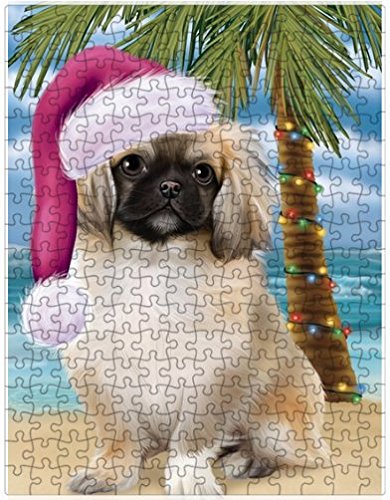 Summertime Happy Holidays Christmas Pekingese Dog on Tropical Island Beach Puzzle with Photo Tin