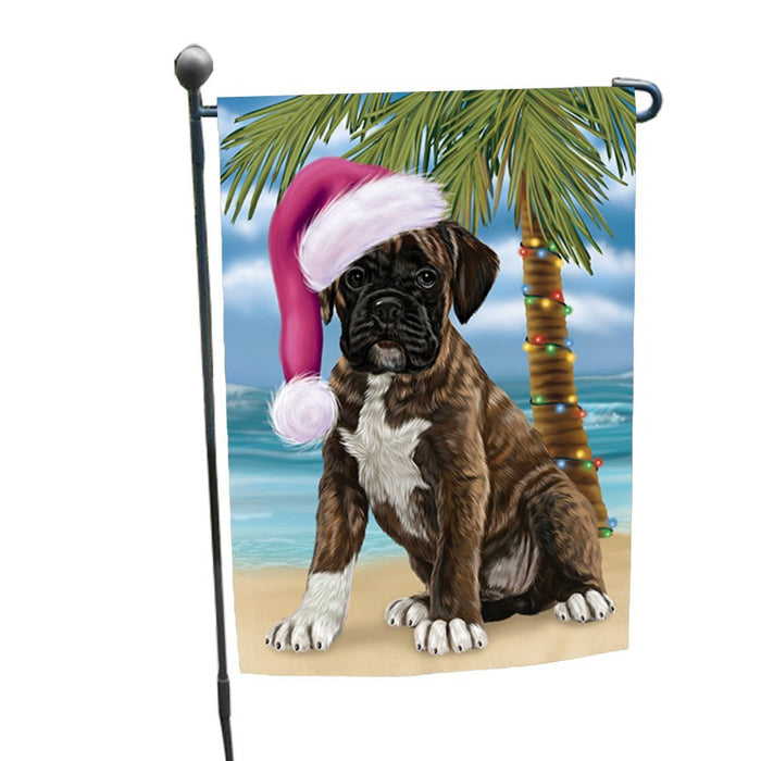 Summertime Happy Holidays Christmas Boxers Dog on Tropical Island Beach Garden Flag