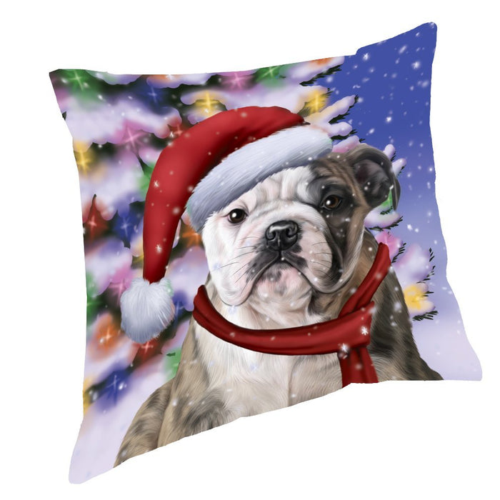 Winterland Wonderland Bulldogs Dog In Christmas Holiday Scenic Background Throw Pillow