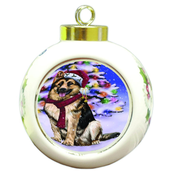 Winterland Wonderland German Shepherds Dog In Christmas Holiday Scenic Background Round Ball Ornament D567