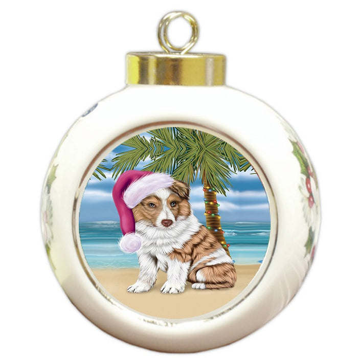 Summertime Happy Holidays Christmas Australian Shepherd Dog on Tropical Island Beach Round Ball Ornament