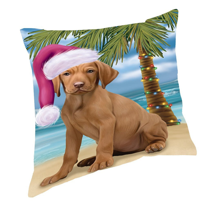 Summertime Happy Holidays Christmas Vizsla Dog on Tropical Island Beach Throw Pillow