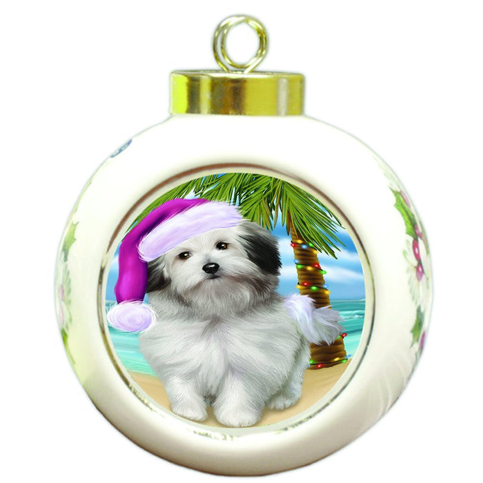 Summertime Happy Holidays Christmas Bolognese Dogs on Tropical Island Beach Round Ball Ornament D504