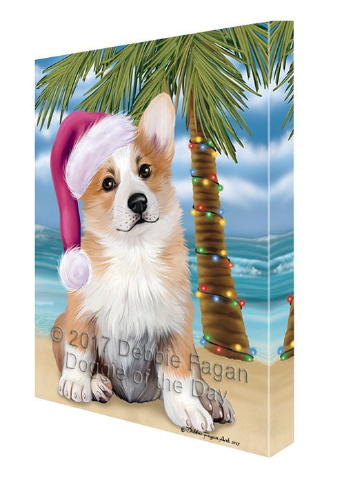 Summertime Happy Holidays Christmas Corgi Dog on Tropical Island Beach Canvas Wall Art