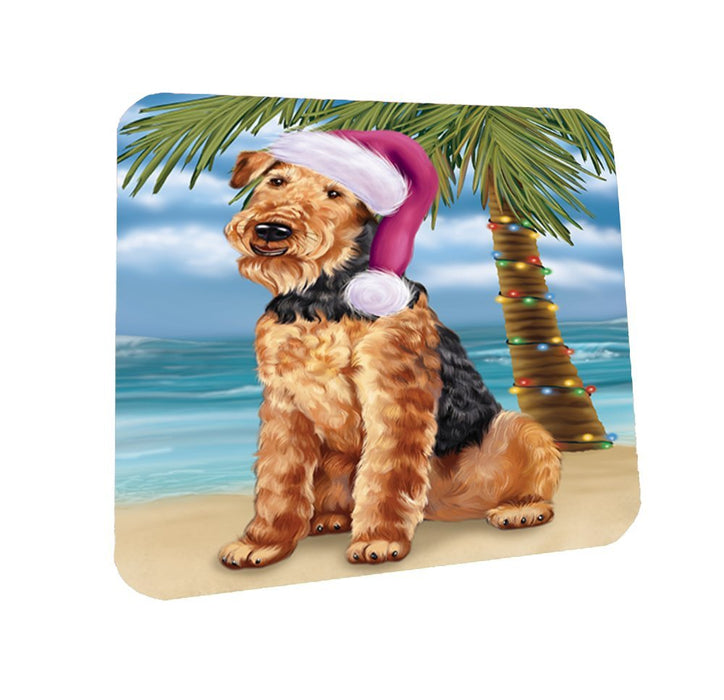 Summertime Happy Holidays Christmas Airedale Dog on Tropical Island Beach Coasters Set of 4