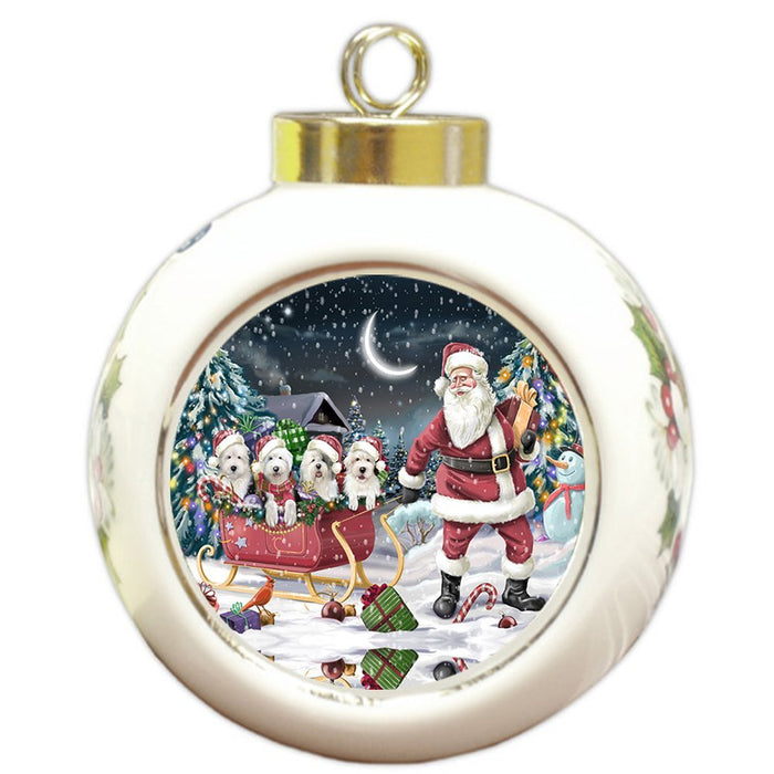 Santa Sled Dogs Old English Sheepdog Christmas Round Ball Ornament POR968