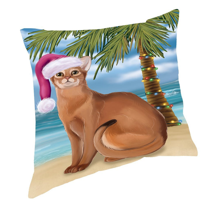 Summertime Christmas Happy Holidays Abyssinian Cat on Beach Throw Pillow PIL1340