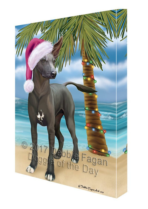 Summertime Happy Holidays Christmas Xoloitzcuintli Mexican Haireless Dog on Tropical Island Beach Canvas Wall Art D132