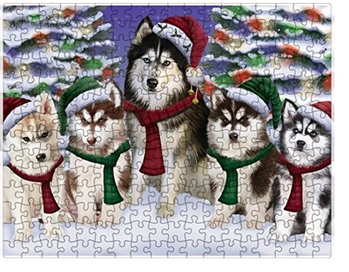 Siberian Huskies Dog Christmas Family Portrait in Holiday Scenic Background Puzzle with Photo Tin