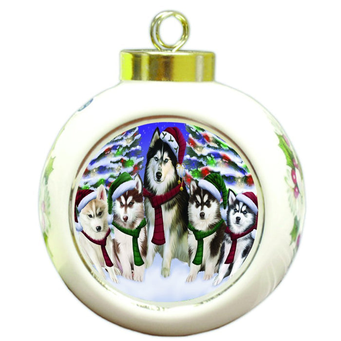 Siberian Huskies Dog Christmas Family Portrait in Holiday Scenic Background Round Ball Ornament D151