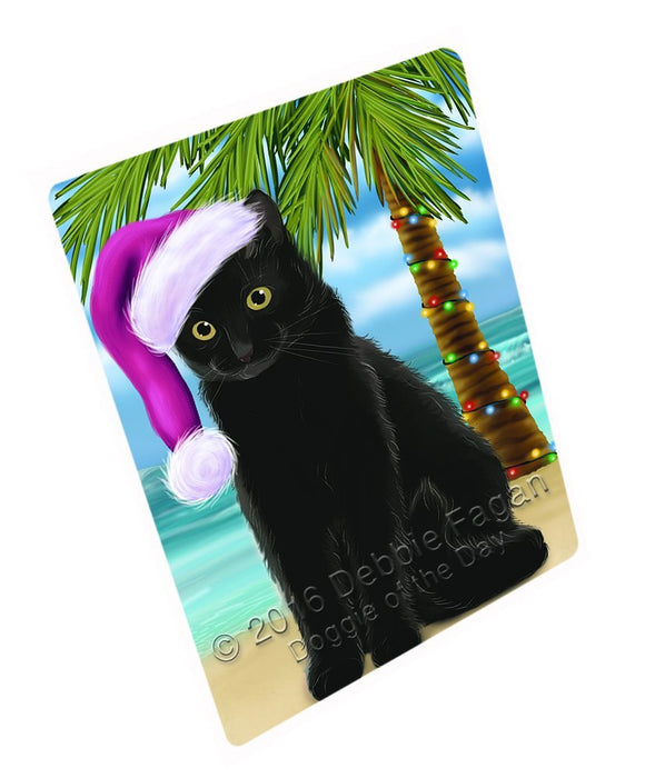 Summertime Happy Holidays Christmas Black Cat on Tropical Island Beach Tempered Cutting Board
