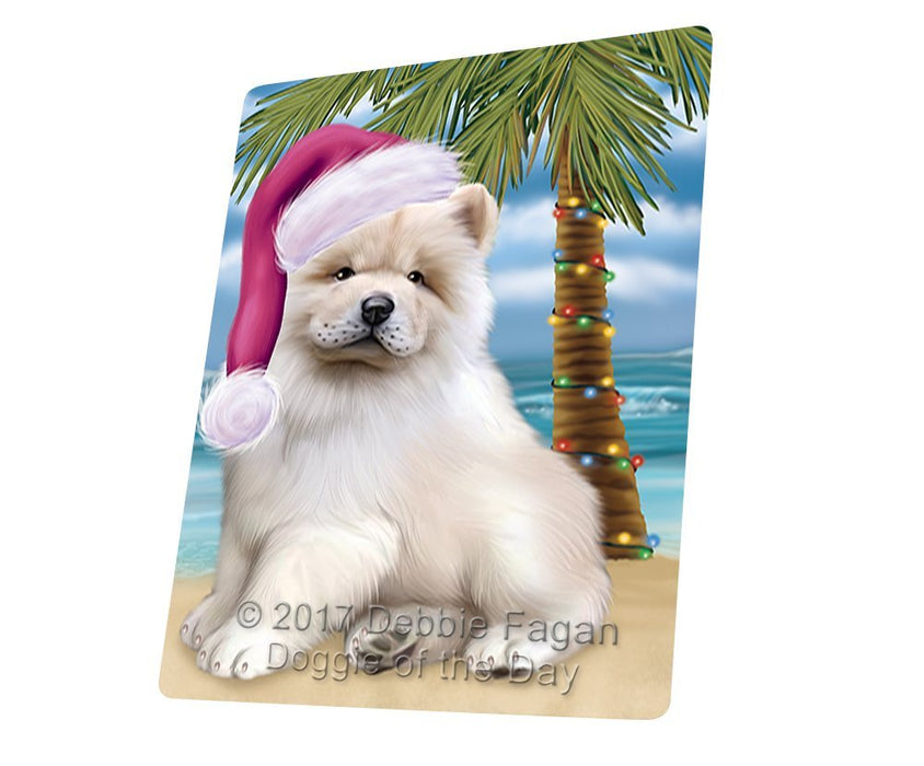 Summertime Happy Holidays Christmas Chow Chow Dog on Tropical Island Beach Tempered Cutting Board