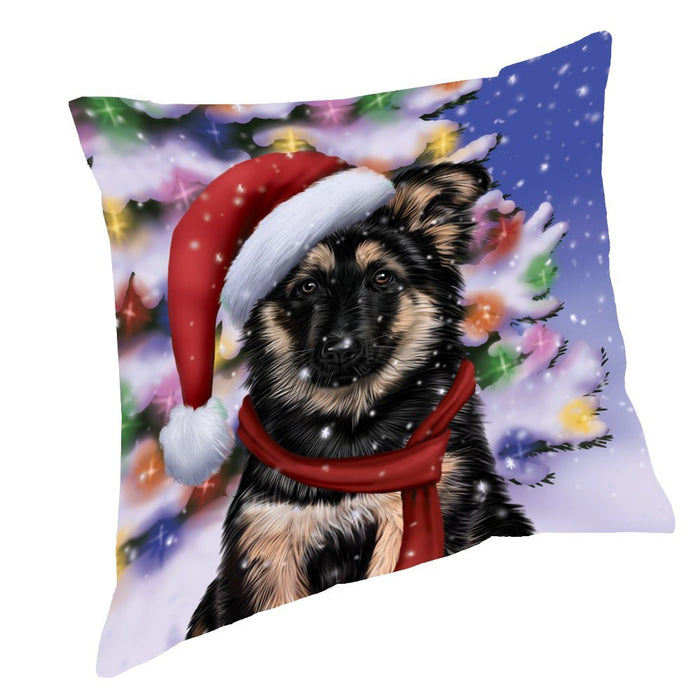 Winterland Wonderland German Shepherds Puppy Dog In Christmas Holiday Scenic Background Throw Pillow