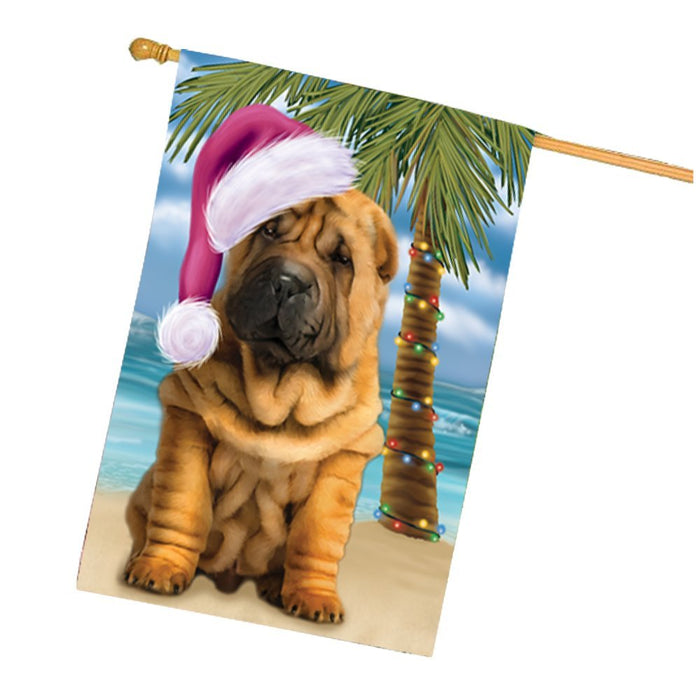 Summertime Christmas Happy Holidays Shar Pei Dog on Beach House Flag HFLG345