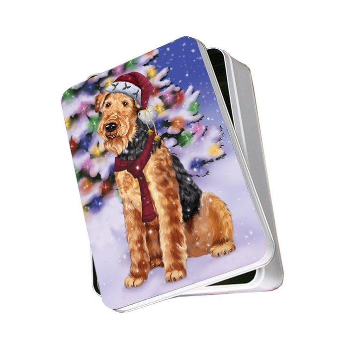 Winterland Wonderland Airedales Dog In Christmas Holiday Scenic Background Photo Storage Tin