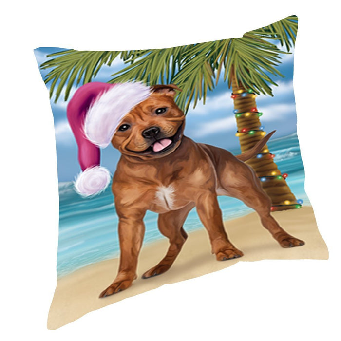 Summertime Christmas Happy Holidays Pit Bull Dog on Beach Throw Pillow PIL1548