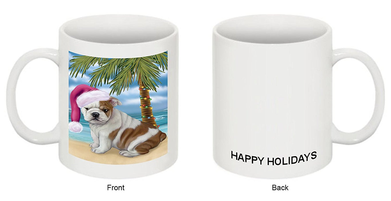 Summertime Happy Holidays Christmas Bulldog Dog on Tropical Island Beach Mug