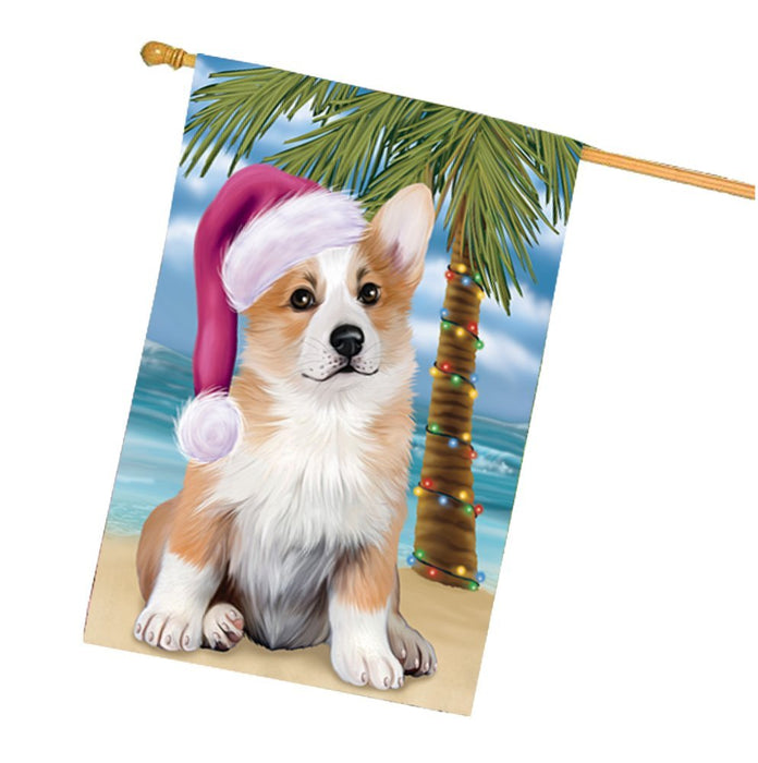 Summertime Happy Holidays Christmas Corgi Dog on Tropical Island Beach House Flag