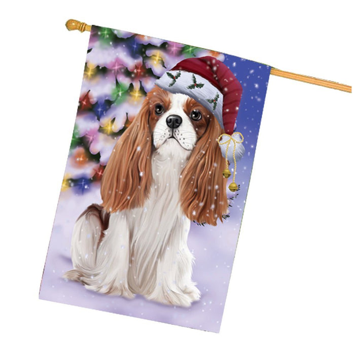 Winterland Wonderland Cavalier King Charles Spaniel Dog In Christmas Holiday Scenic Background House Flag