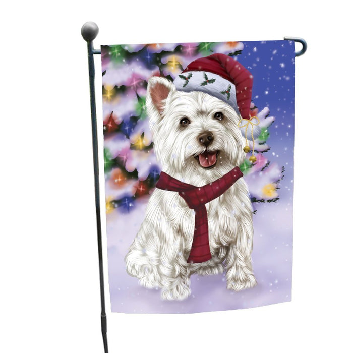 Winterland Wonderland West Highland Terriers Dog In Christmas Holiday Scenic Background Garden Flag