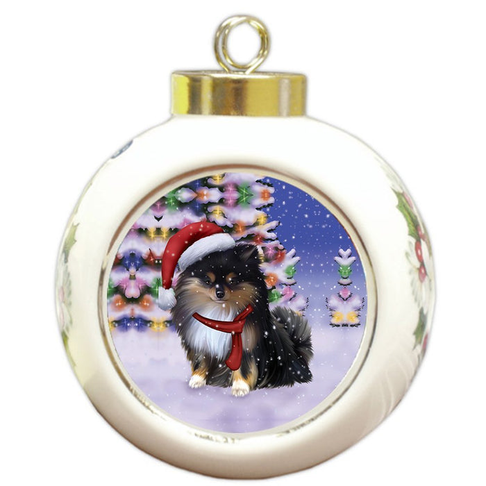 Winterland Wonderland Pomeranians Puppy Dog In Christmas Holiday Scenic Background Round Ball Ornament