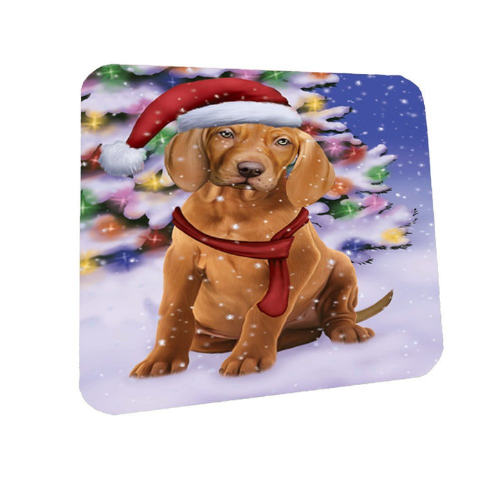 Winterland Wonderland Vizsla Puppy Dog In Christmas Holiday Scenic Background Coasters Set of 4