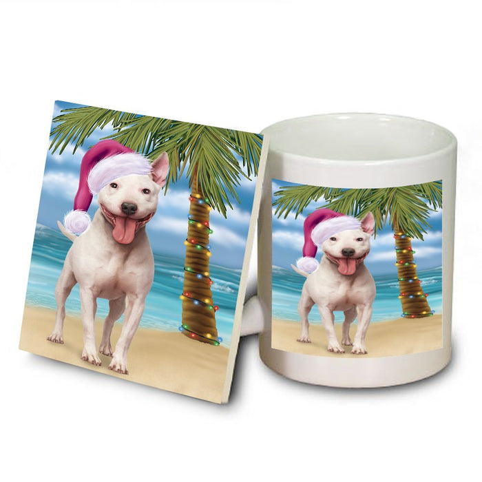 Summertime Bull Terrier Dog on Beach Christmas Mug and Coaster Set MUC0578