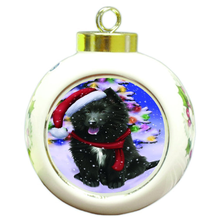Winterland Wonderland Belgian Shepherds Dog In Christmas Holiday Scenic Background Round Ball Ornament D548