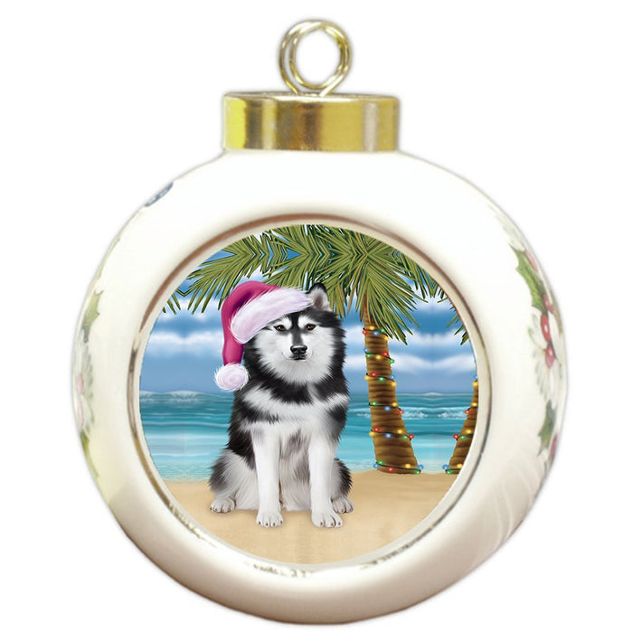 Summertime Husky Dog on Beach Christmas Round Ball Ornament POR1132