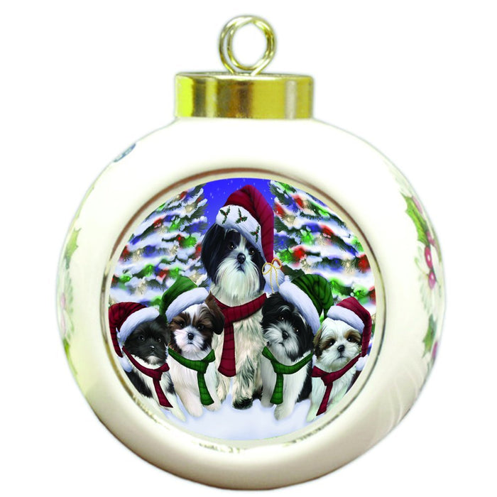 Shih Tzu Dog Christmas Family Portrait in Holiday Scenic Background Round Ball Ornament D155