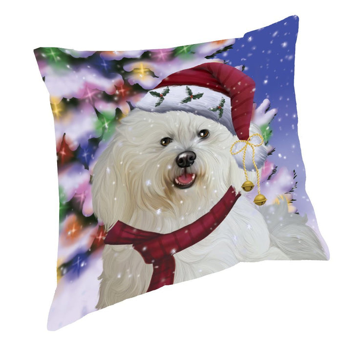 Winterland Wonderland Bichon Dog In Christmas Holiday Scenic Background Throw Pillow