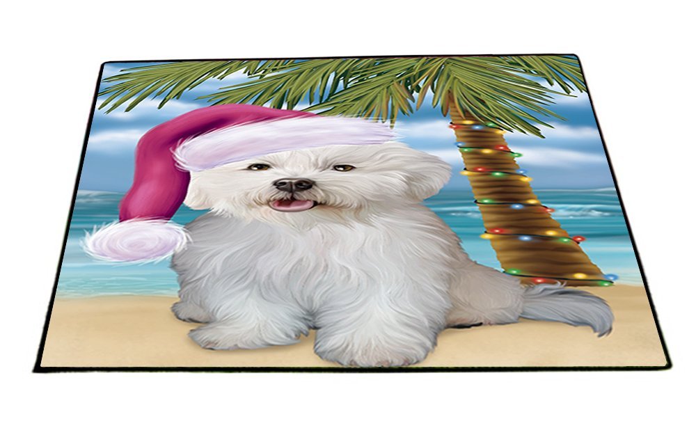 Summertime Happy Holidays Christmas Bichon Frise Dog on Tropical Island Beach Indoor/Outdoor Floormat