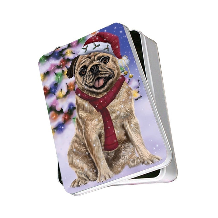 Winterland Wonderland Pug Dog In Christmas Holiday Scenic Background Photo Storage Tin