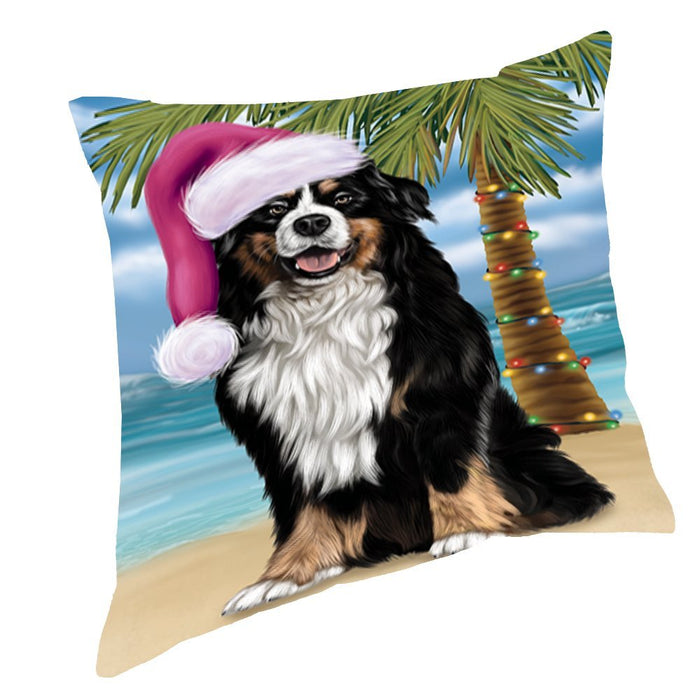 Summertime Happy Holidays Christmas Bernese Dog on Tropical Island Beach Throw Pillow