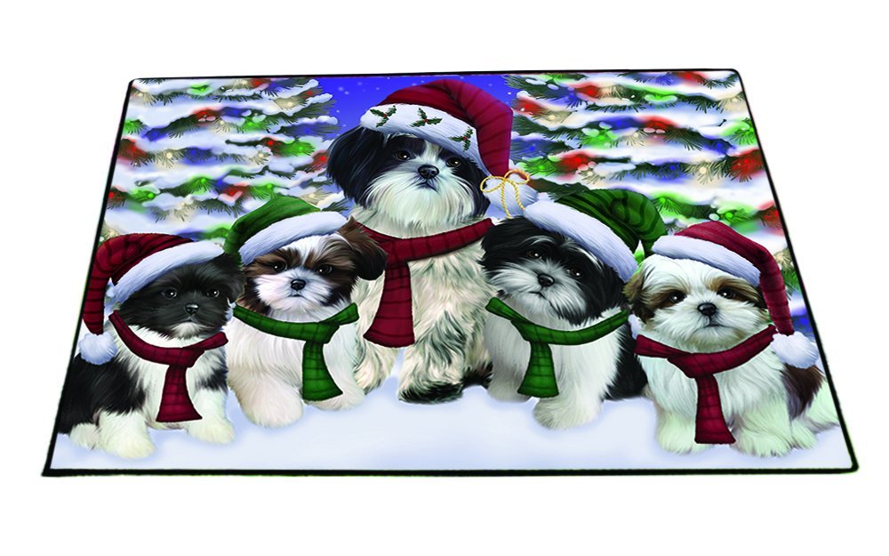 Shih Tzu Dog Christmas Family Portrait in Holiday Scenic Background Indoor/Outdoor Floormat
